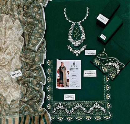 Green Embroidered Lawn 3 Pcs Set For Women