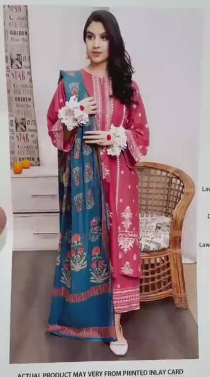 Pakistani Printed Lawn Suit Pink Blue 3 Pcs Set