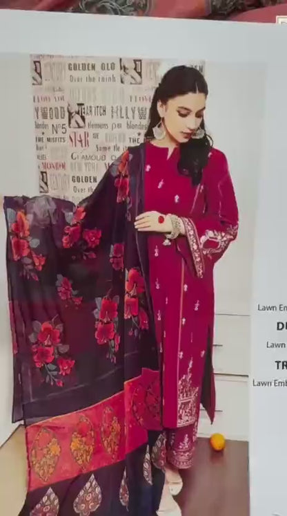 Maroon Embroidered 3-Piece Lawn Suit with Printed Dupatta