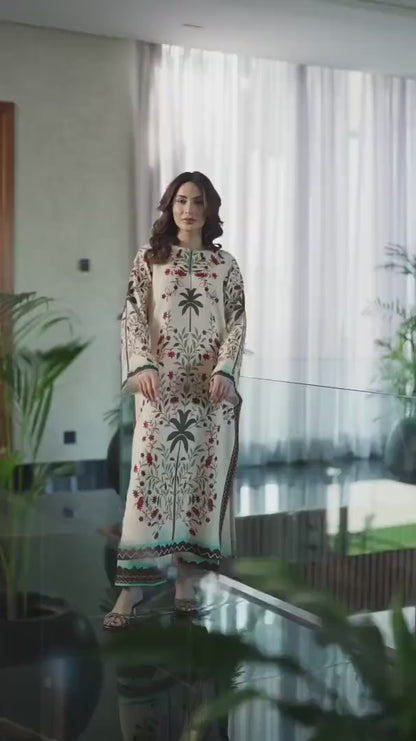 Women Swiss Lawn Printed Co-Ord Set Turquoise Beige Floral Palm Tree