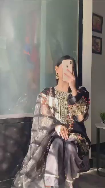 Black Embroidered 3-Piece Suit for Weddings Eid Festive