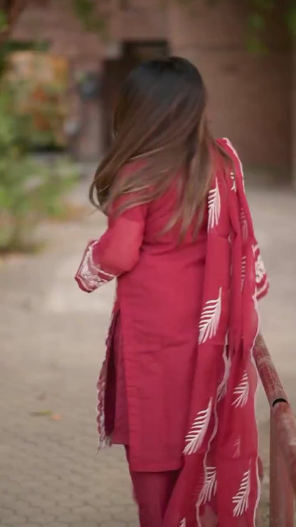 Maroon Embroidered 3-Piece Suit for Women